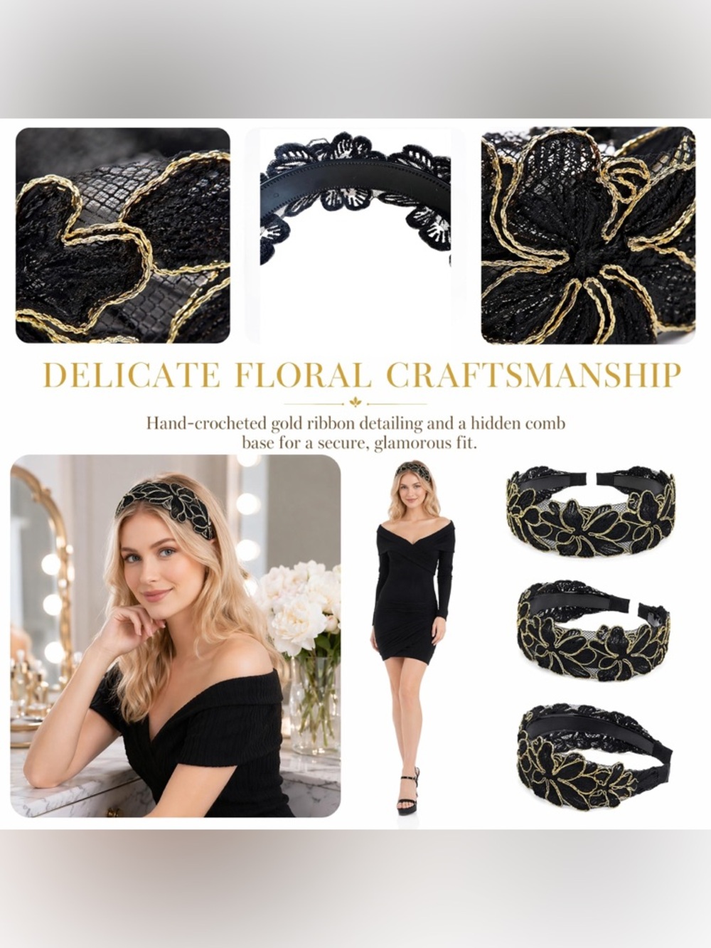 Flapper Headband for Women 1920s Vintage Floral Headpiece Elegant Black and Gold - Picture 4 of 11